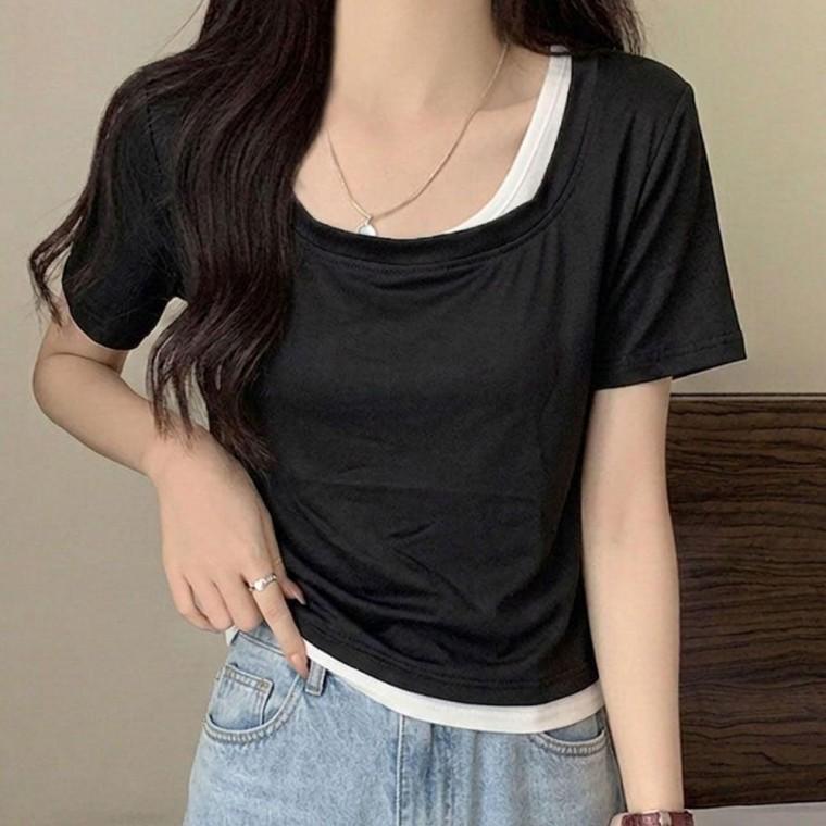 여성 이중 레이어드 반팔 티셔츠 사선 포인트 캐주얼탑