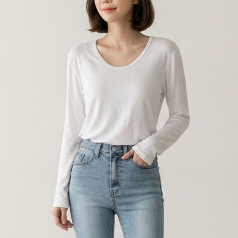 여성 유넥 모달 긴팔 티셔츠 슬림핏 베이직 이너티