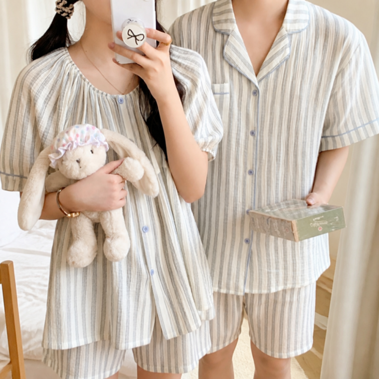 통기성 좋은 시원한 요루면 스트라이프 커플 반팔 반바지 파자마
