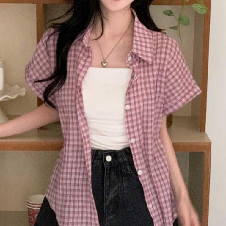 체크 반팔 셔츠 여성 루즈핏 오버핏 캐주얼 남방