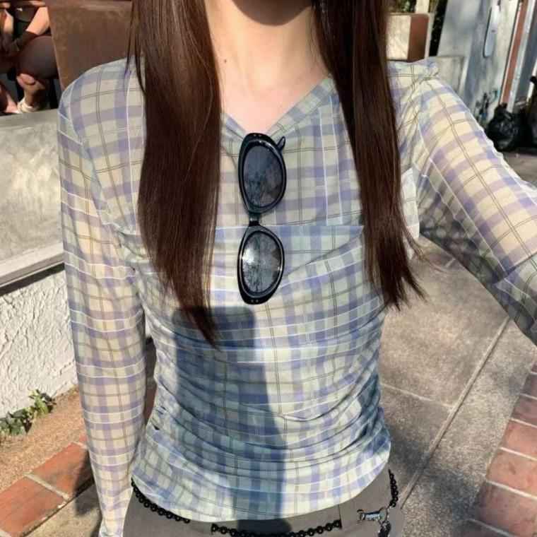 여성 크롭 긴팔티 체크 셔링 포인트 슬림핏 티셔츠