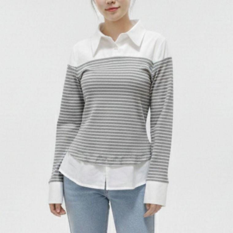 여성 스트라이프 카라 티 배색 포인트 캐주얼 티셔츠