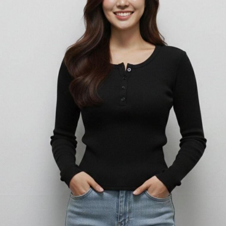 여성 크롭 긴팔티 골지 슬림핏 데일리 베이직 티셔츠