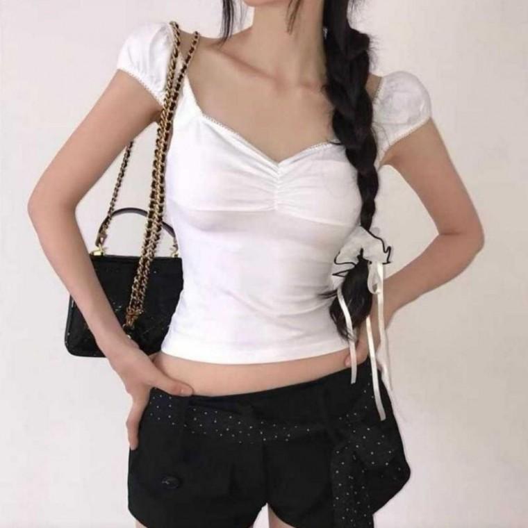 여성 크롭 반팔티 퍼프 셔링 포인트 슬림핏 티셔츠