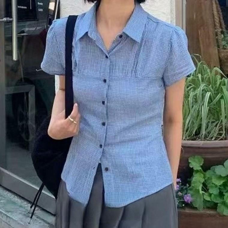 체크 크롭 셔츠 여성 슬림핏 글램라인 캐주얼 상의