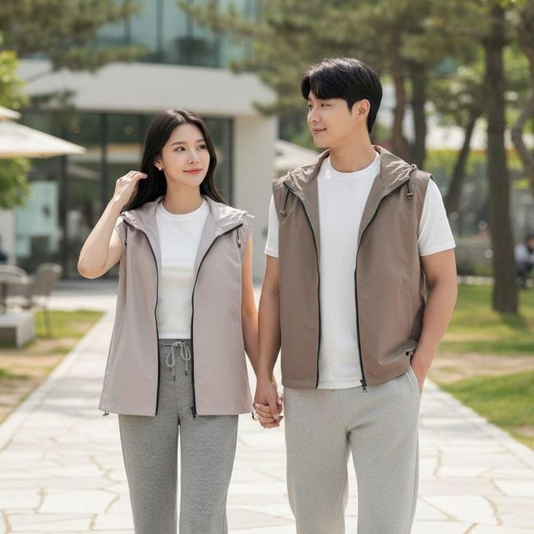 남녀공용 후드 조끼 베스트 스트링 캐주얼 레이어드 아우터
