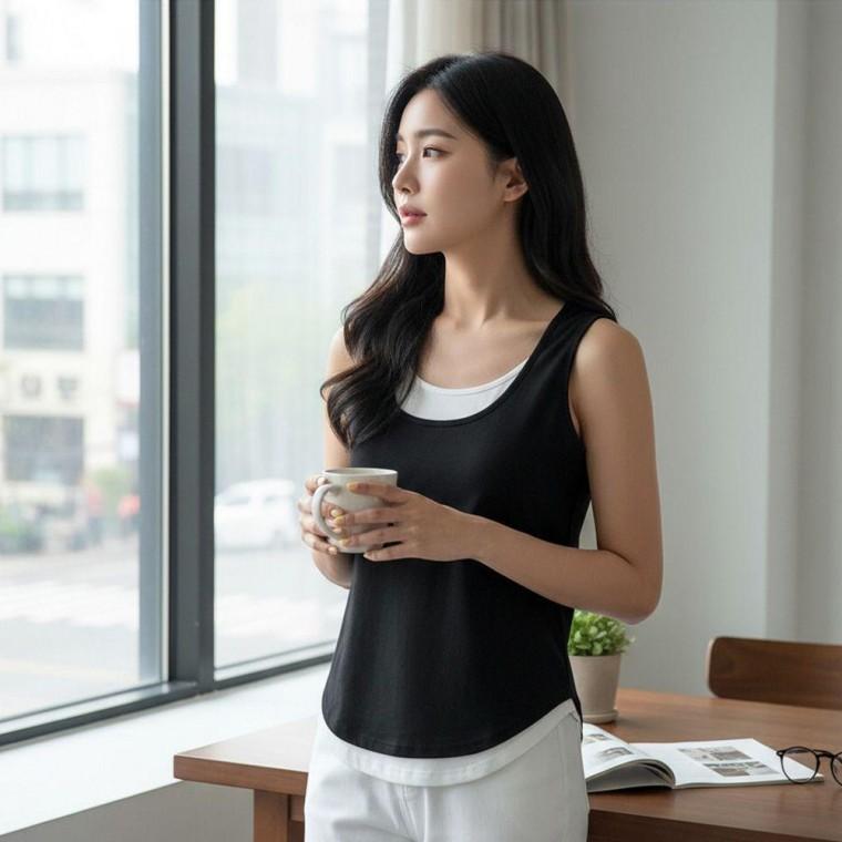 스쿱넥 나시 이너티 여성 레이어드 슬림핏 데일리 티셔츠