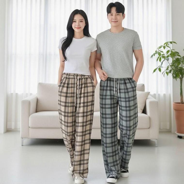 남녀공용 와이드바지 체크 투턱 포인트 캐주얼 팬츠
