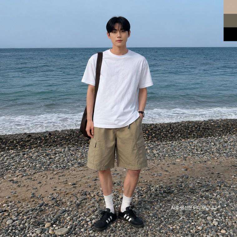 AGG 1010M 남자 하프 카고 와이드 버뮤다 밴딩 팬츠
