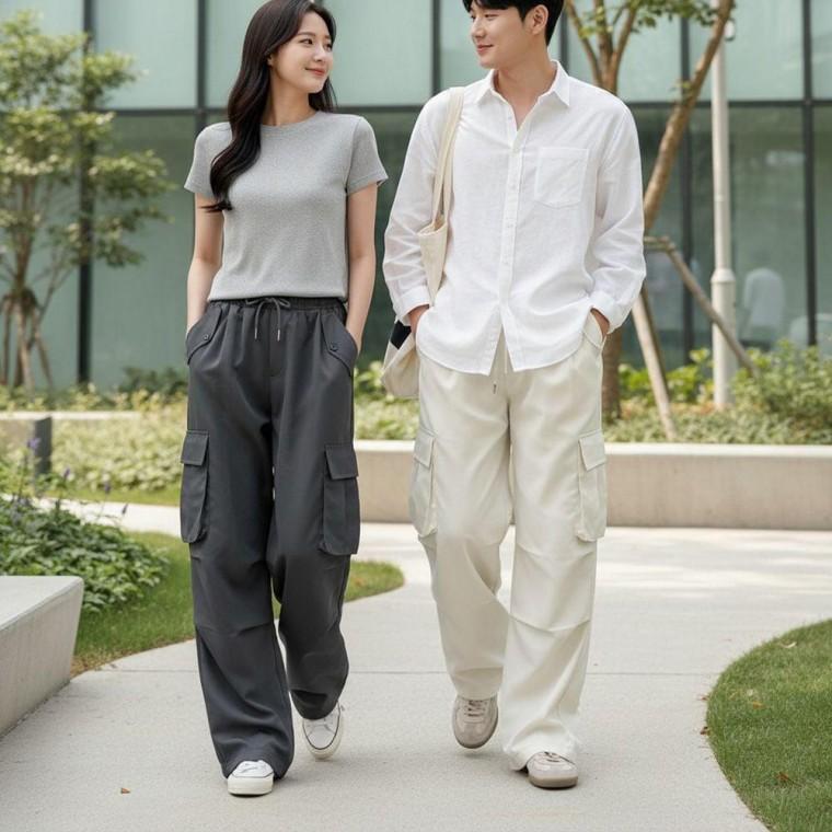 남녀공용 스트링 카고 와이드바지 루즈핏 밴딩 팬츠
