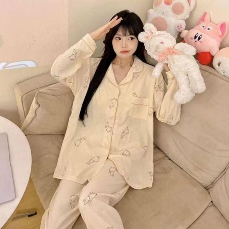 긴팔 캐릭터 파자마 홈웨어 세트 여성 투피스 잠옷