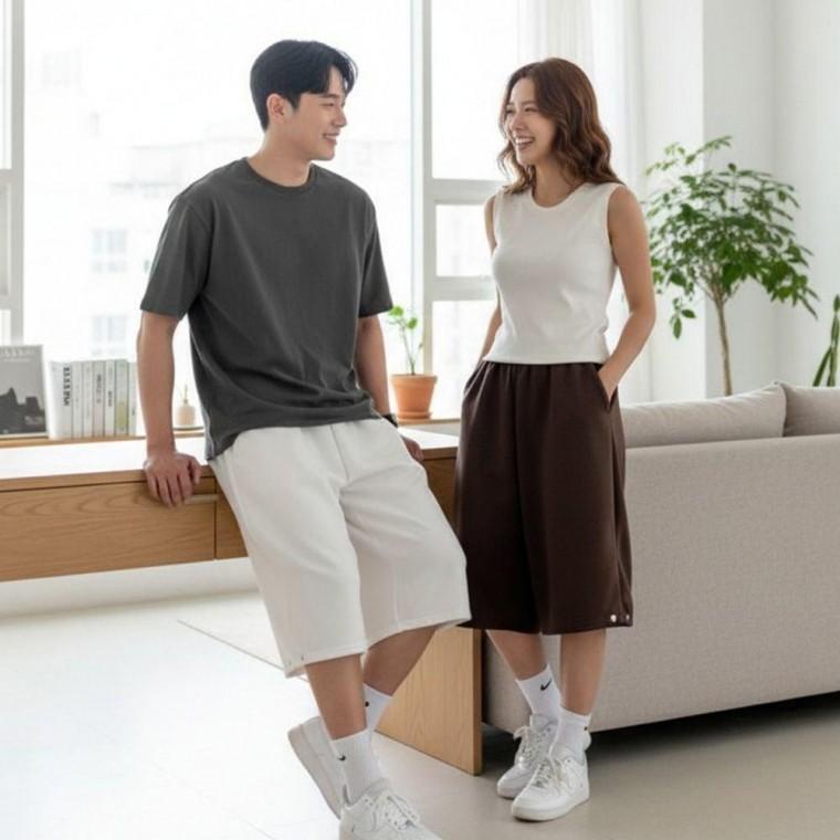 남녀공용 스냅 단추 버뮤다팬츠 밴딩 루즈핏 하프팬츠
