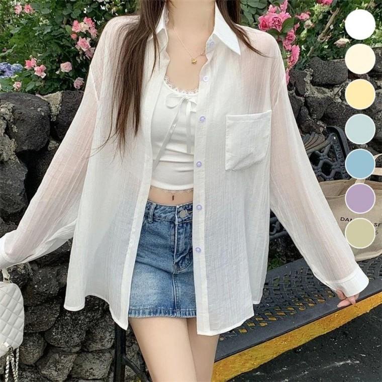 여성 얇은 셔츠 주름 프렌치 스타일 루즈핏 데일리 셔츠