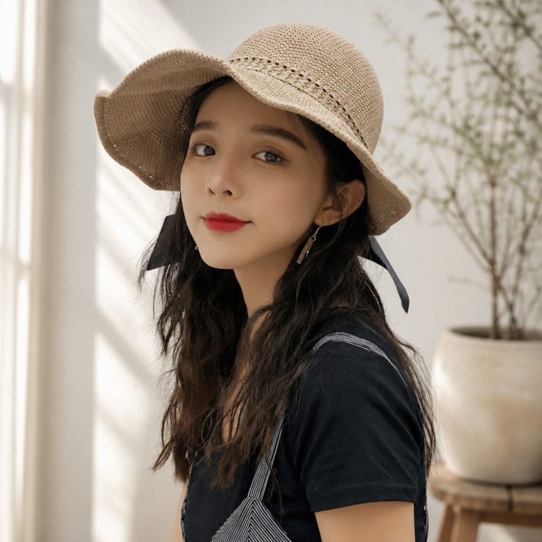 여성 리본 와이어 라탄햇 여름 휴가용 밀짚 썬캡 자외선 차단 모자