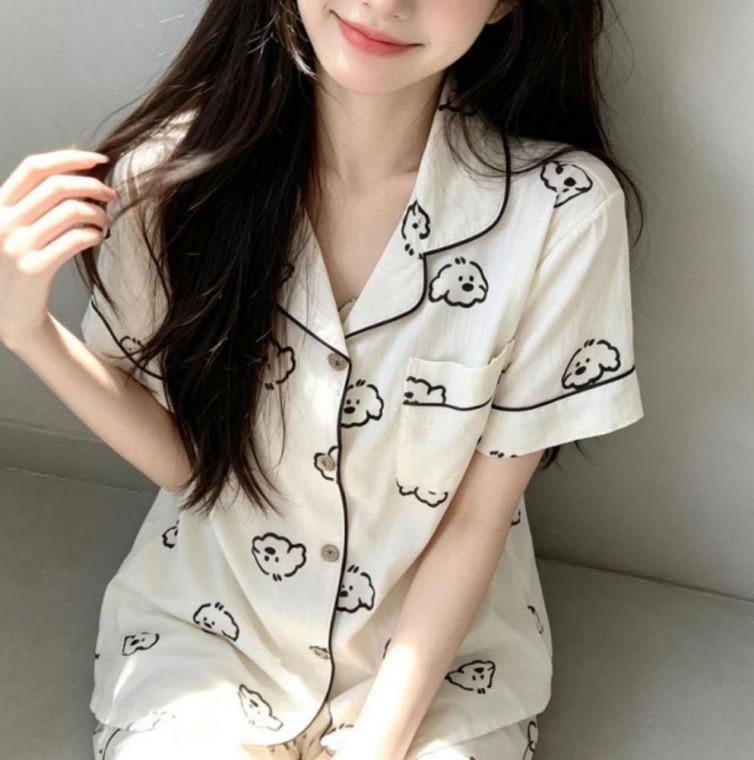 여성 여름 강아지 캐릭터 반팔 반바지 홈웨어 세트 잠옷
