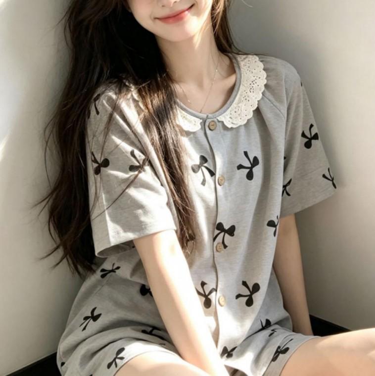 여성 여름 리본 그레이 반팔 반바지 홈웨어 세트 잠옷