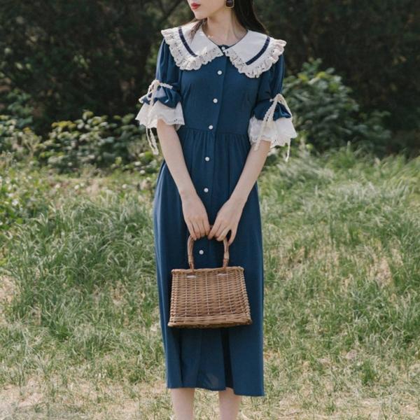 빈티지블루 빅레이스카라 원피스 경성의상 교복 학생