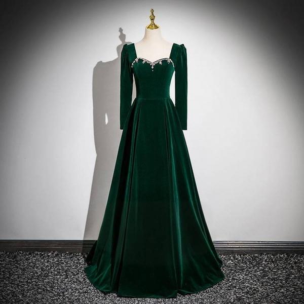 다크그린 롱슬리브 하트라인 벨벳 드레스 교복 학생