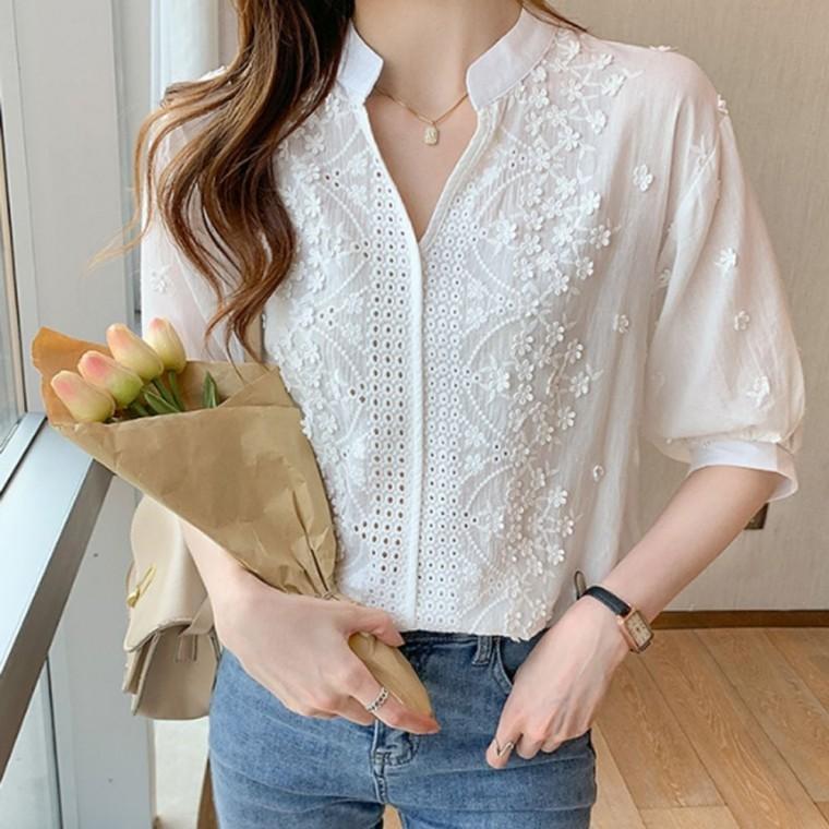 플라워 자수 펀칭 여성 블라우스 좋은 퀄리티 브이넥