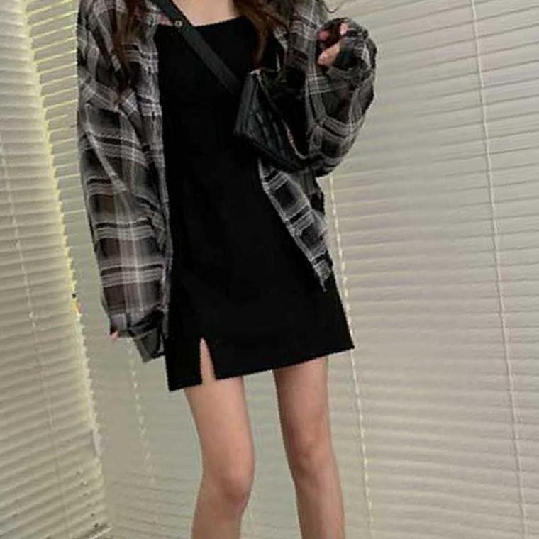 여자 20대 코디 루즈핏 체크 남방 끈나시 원피스 세트