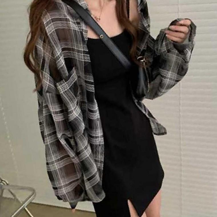 캐주얼 여친룩 루즈핏 체크 셔츠 나시 원피스 세트