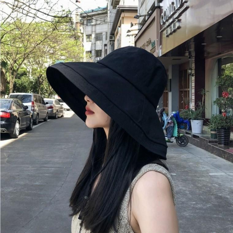 와이드 자외선 차단 모자 블랙 어부 린넨 버킷햇 햇빛 가리개 면모자 턱끈 선캡 썬캡