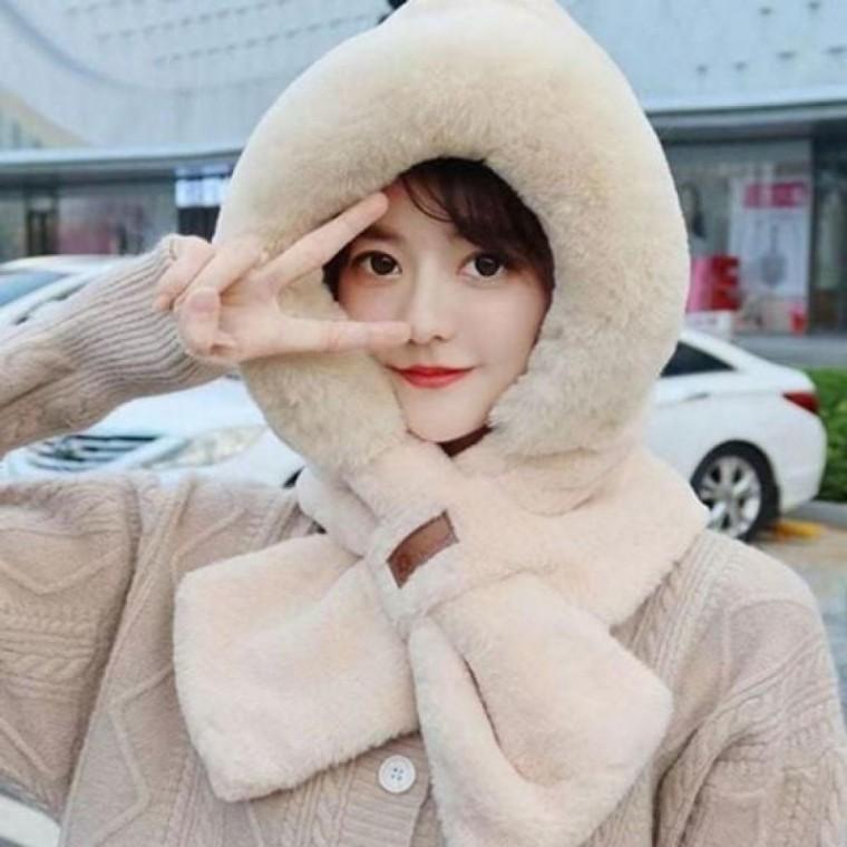 겨울 일체형 모자 방한 여성 포근한 겨울퍼 목도리 부드러운 목도리