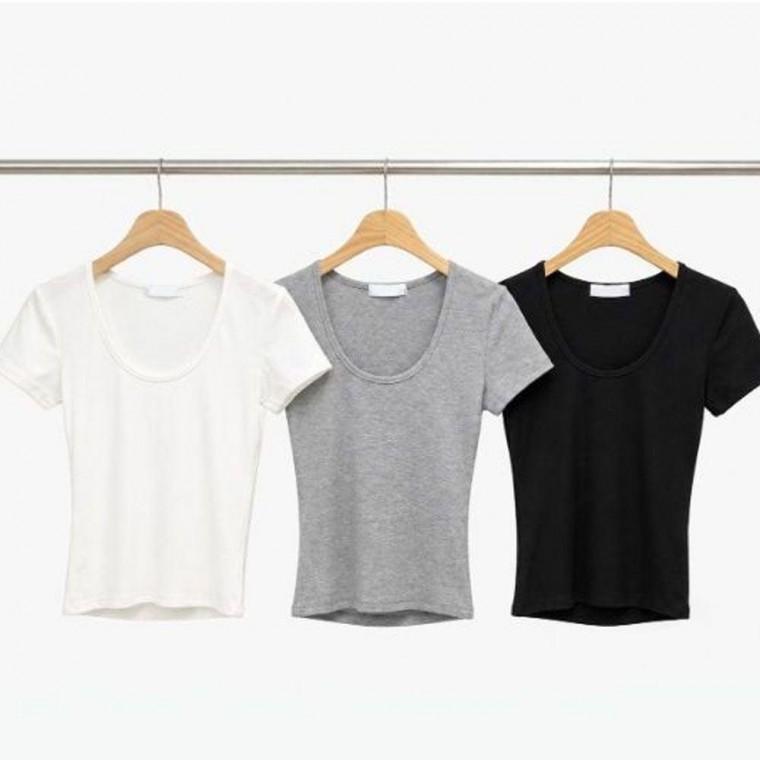 슬림핏 스판 유넥 여성 반팔 티셔츠 여름 기본 상의