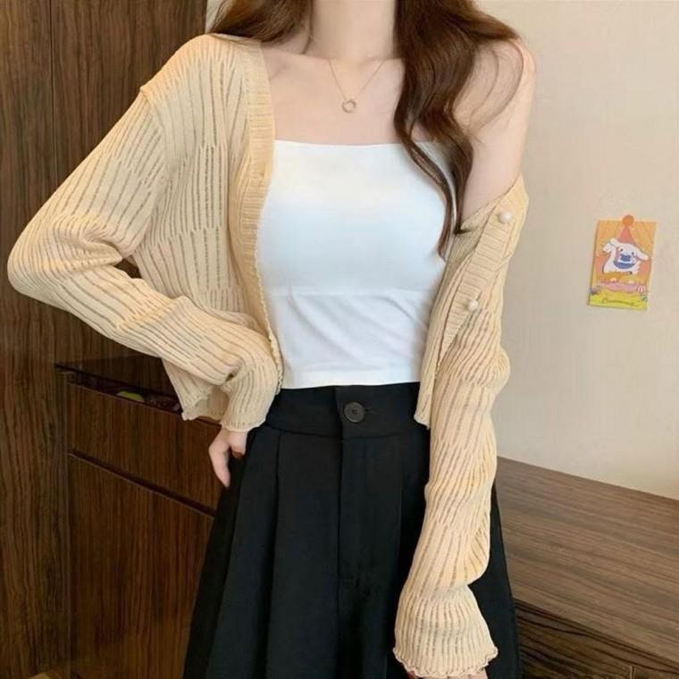 크롭 얇은 브이넥 펀칭 가디건 4color 0192 반폴라 라쏠 여성 니트티 브이넥 dm 가디건 v넥 V넥 오버핏 간