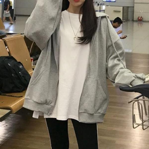 여성 2컬러 루즈핏 간절기 후드 집업 잠바 K T0 6 후드 무지 루즈핏 집업 여자 티