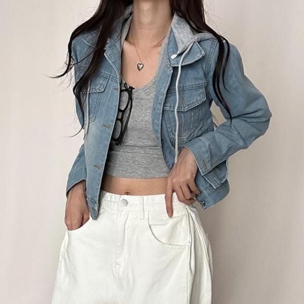 여성 2컬러 슬림핏 탈부착 후드 데님 청자켓 W N02 간절기아우터 청자켓 여자 데님자켓 후드