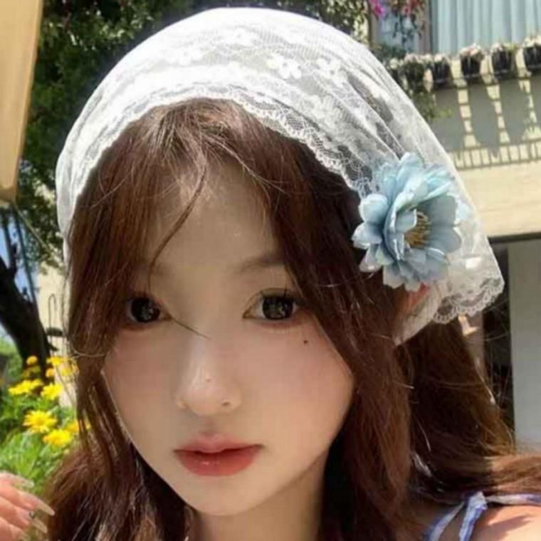 꽃무늬 자수 레이스 헤어 스카프 여성용 삼각형 두건 반다나 헤어밴드 머리띠 휴양지용 p6513b