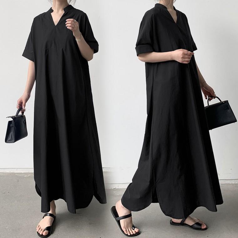 F007719 베이직 브이넥 심플 반팔 A라인 롱원피스 여름데일리룩