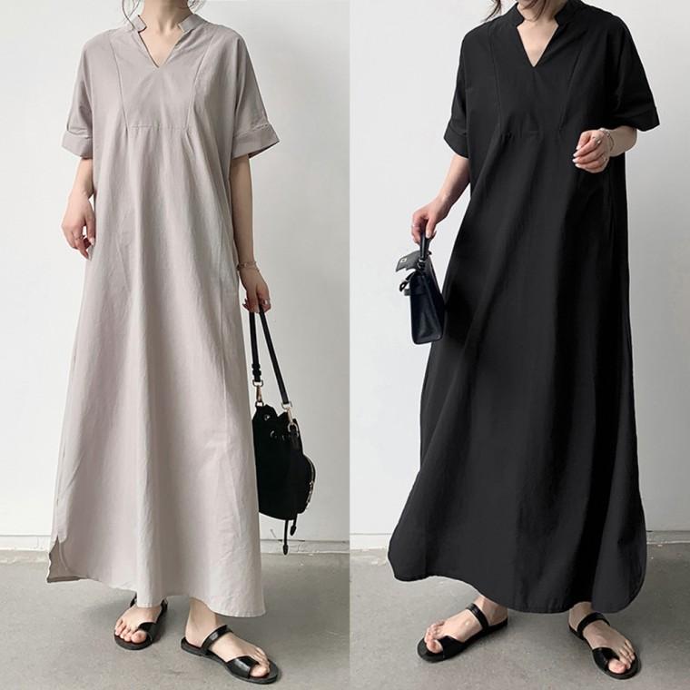 G127090 심플라인 차이나카라 V넥 루즈핏 롱원피스