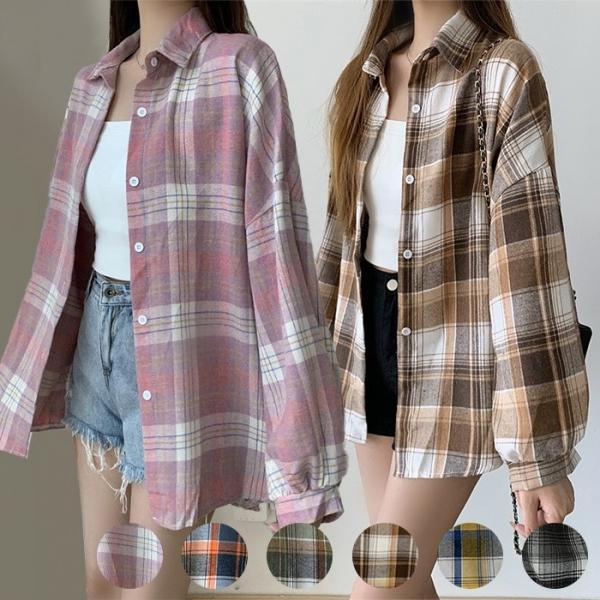 무드인피치 루즈핏 체크셔츠 6color   간절기 캐주얼 긴팔티