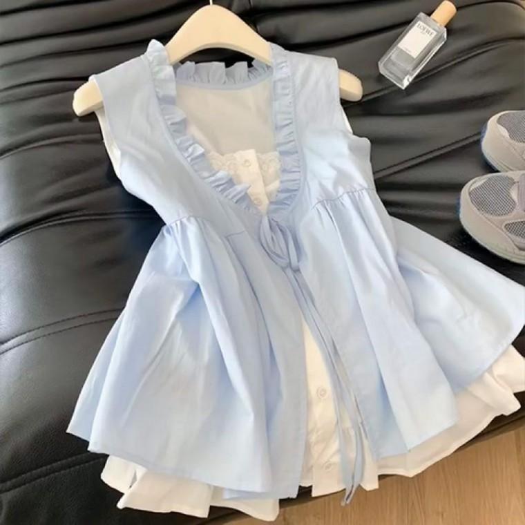 여성블라우스 셔링 셔링블라우스 여성 프릴 플레어 민소매 레이어드 여름 리본 나시 블라우스