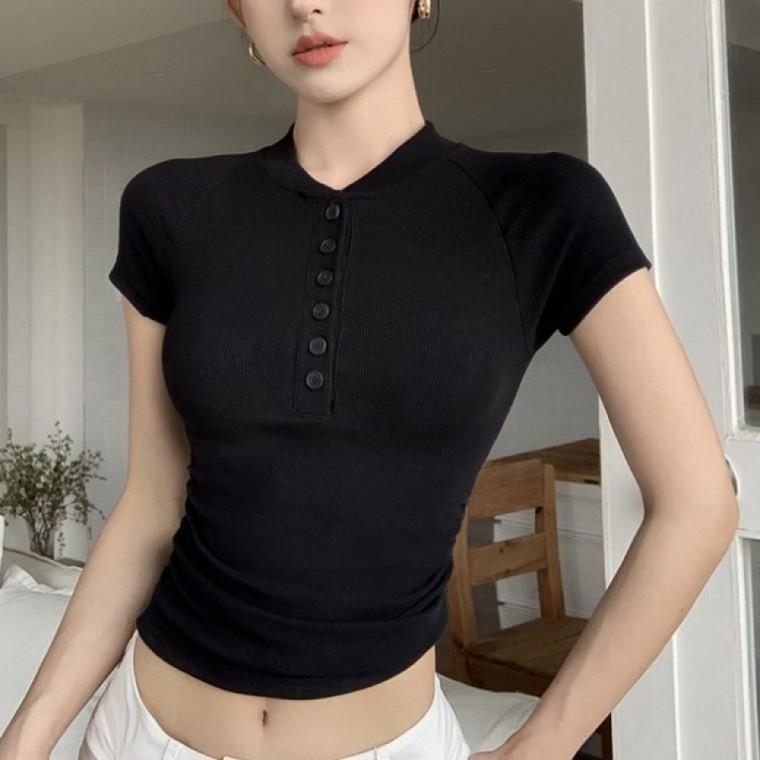 여름반팔티 여성 셔링 여자반팔티 반팔티 골지 캡소매 여름상의 여성크롭티 스판 여성반팔티셔츠 크롭