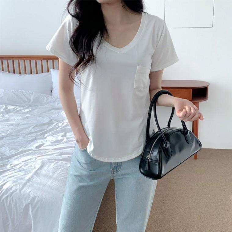 반팔티셔츠 무지 상의 여름티셔츠 여자 포켓 여름 반팔 스판 브이넥 기본티