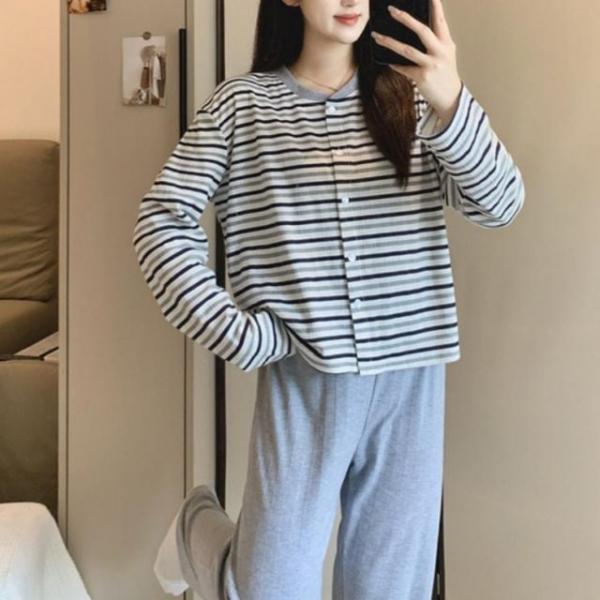 여성 단가라 라운드 홈웨어 잠옷 스트라이프 파자마 세트