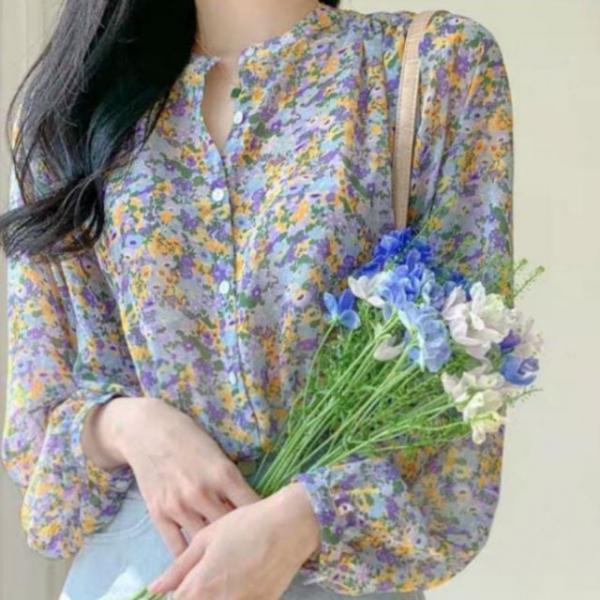 블라우스 여성 무늬 꽃 플라워 벌룬 소매