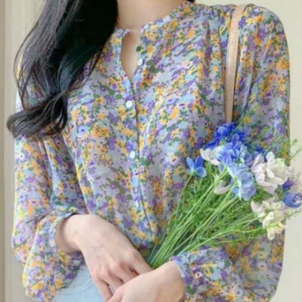 소매 꽃 플라워 벌룬 퍼플 여성 무늬 블라우스