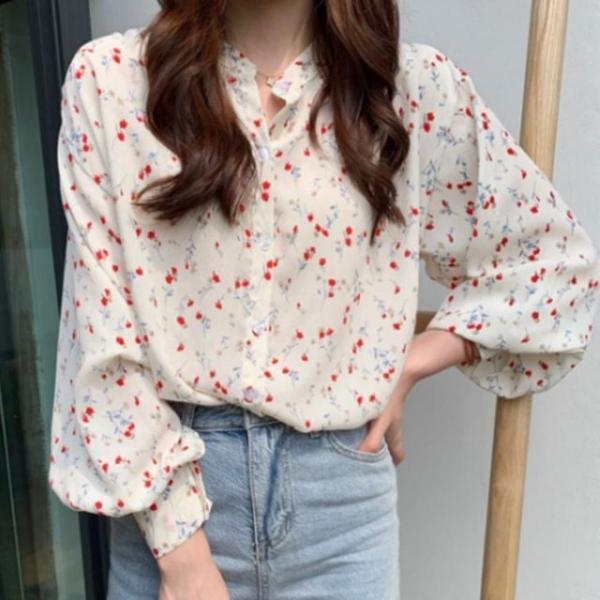 블랙 퍼프 소매 여성 벌룬 긴팔 플라워 블라우스