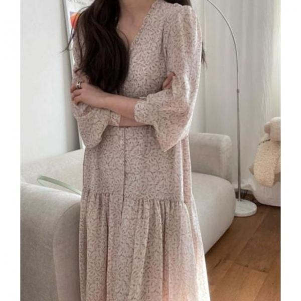 셔링 여성 봄 롱 브이넥 긴팔 네이비 원피스 가을