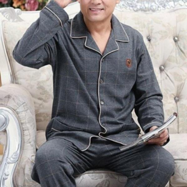 남성 중년 체크 수면 긴팔 잠옷 세트 파자마 홈웨어