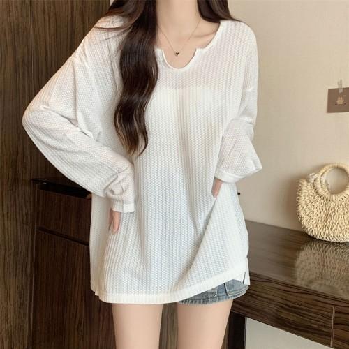 루즈핏 와플 긴팔 티셔츠 여성 오버핏 데일리 롱티