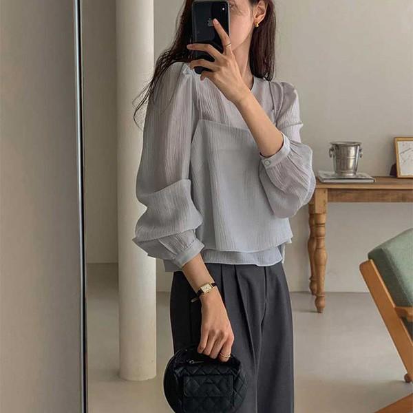 여리핏 쉬폰 블라우스 봄가을 데일리 퍼프소매 루즈핏 셔링 블라우스
