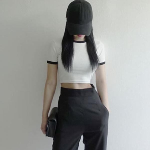 OSM-1006518 배색 2컬러 코튼 반팔 크롭티