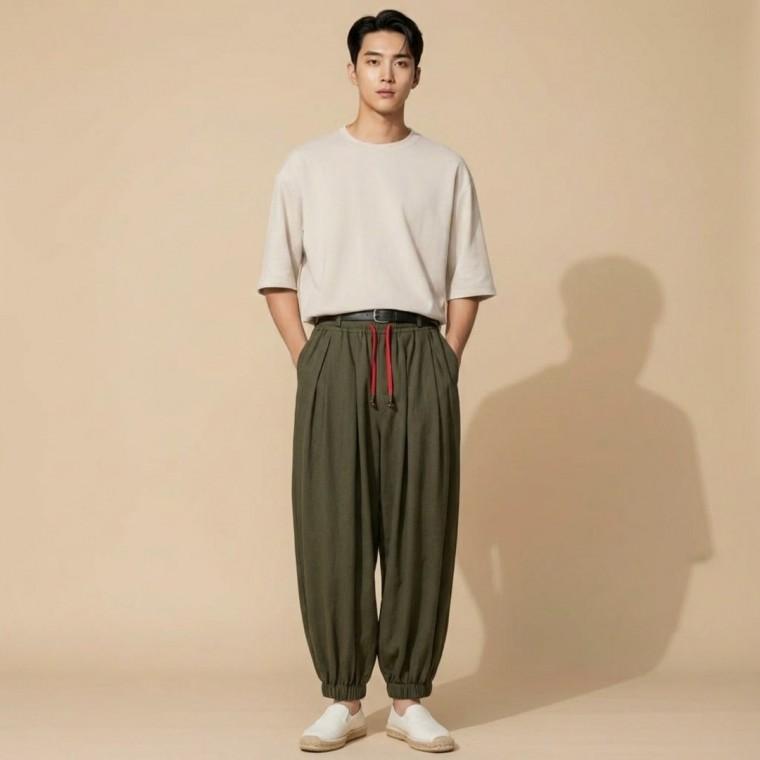 남자 차이나풍 면마 와이드 배기팬츠 여름 코디