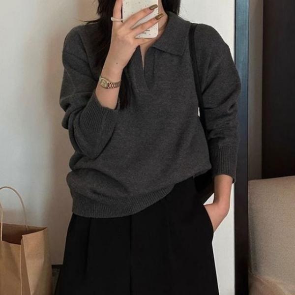 카라 니트티 오버핏 정장 부드러운 니트 긴팔 티셔츠
