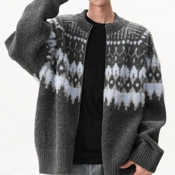 오버핏 스노우 노르딕 집업 니트 가디건 자켓